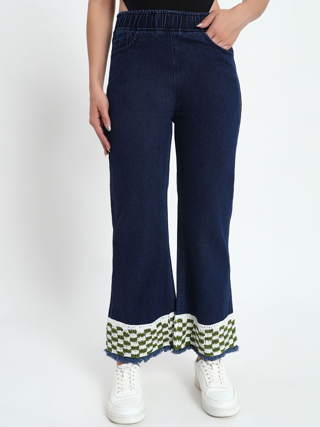 

Sugercandy Women Checked Flared Jeans Trousers, Blue