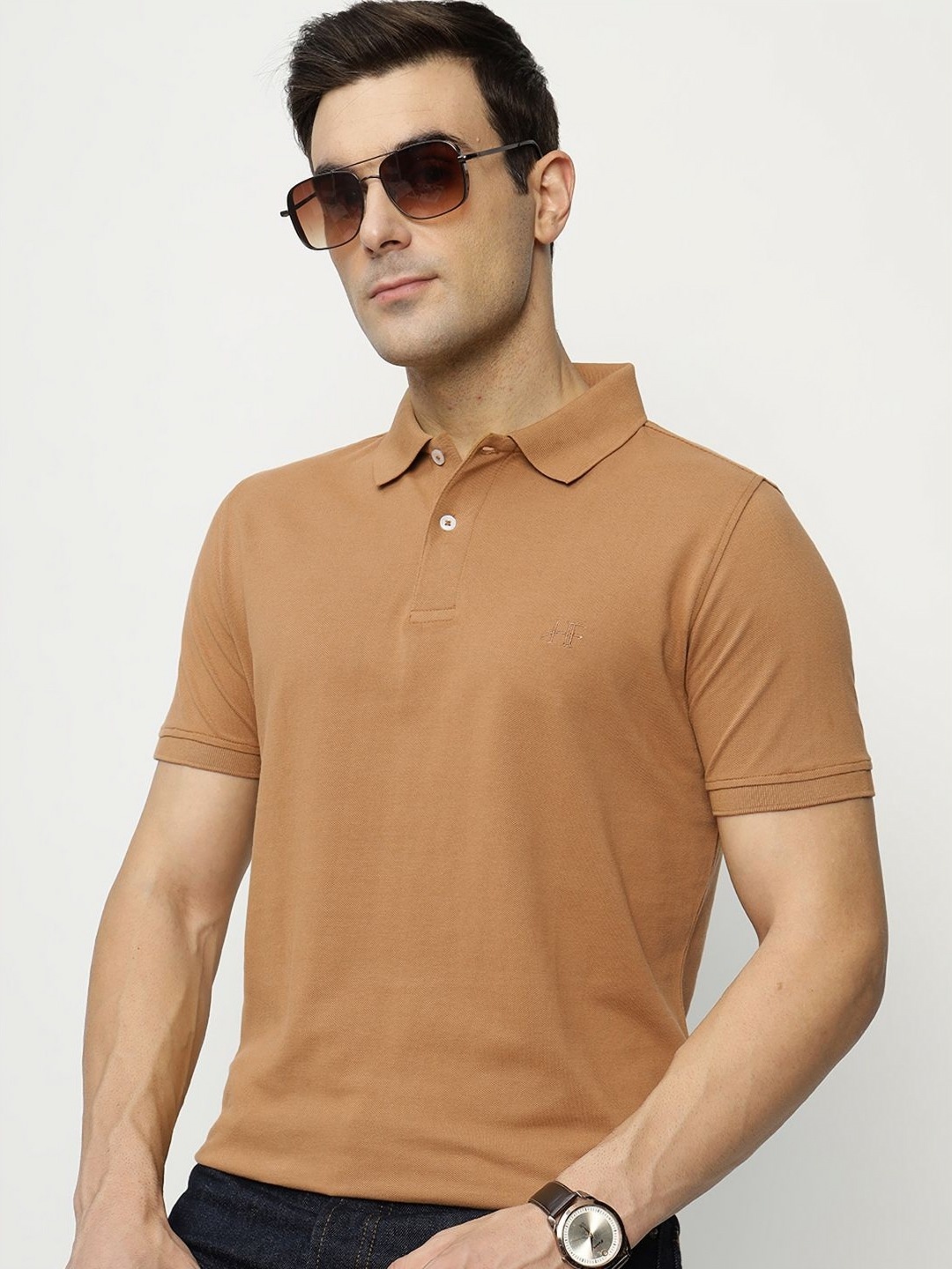 

Hancock Men Solid Polo Collar Pure Cotton Slim Fit T-shirt, Tan