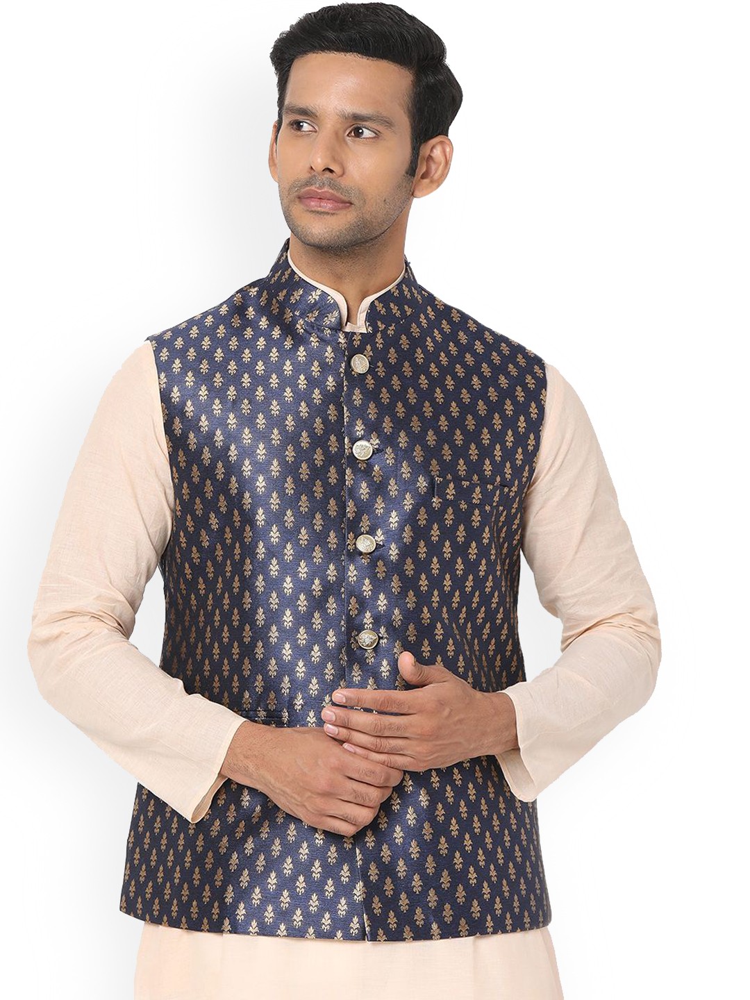 

SALWAR STUDIO Men Woven Design Nehru Jackets, Navy blue