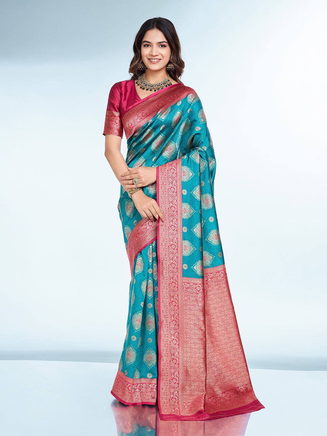 

RICH & ROMAN Woven Design Zari Pure Silk Banarasi Saree, Teal