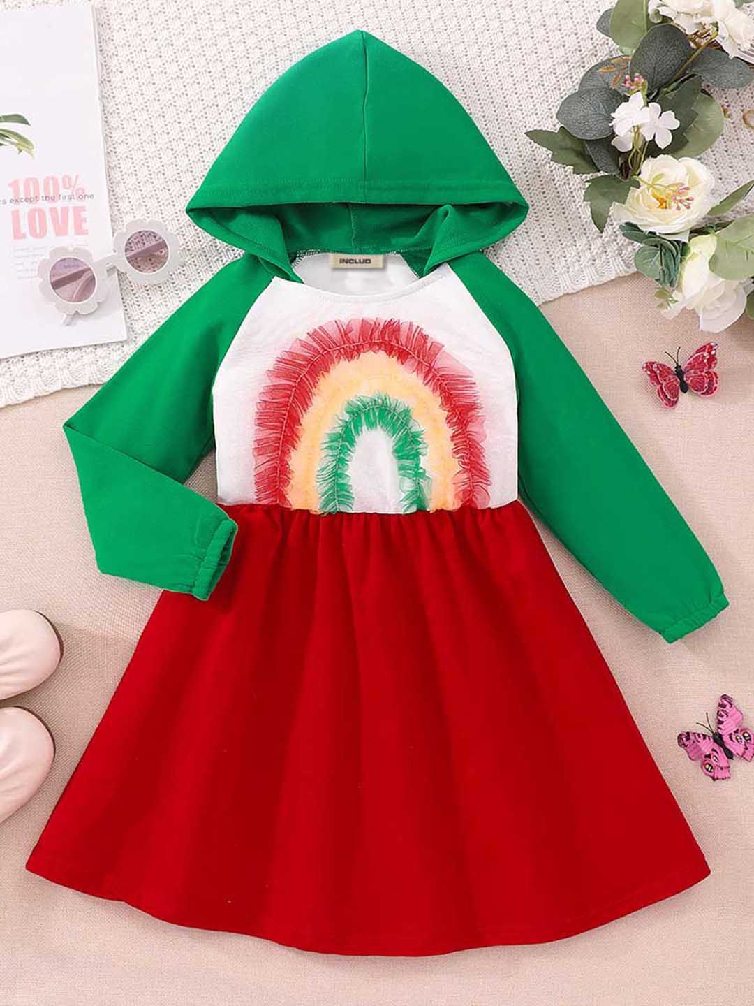

INCLUD Girls Printed Hooded Long Sleeve Fit & Flare Dress, Green