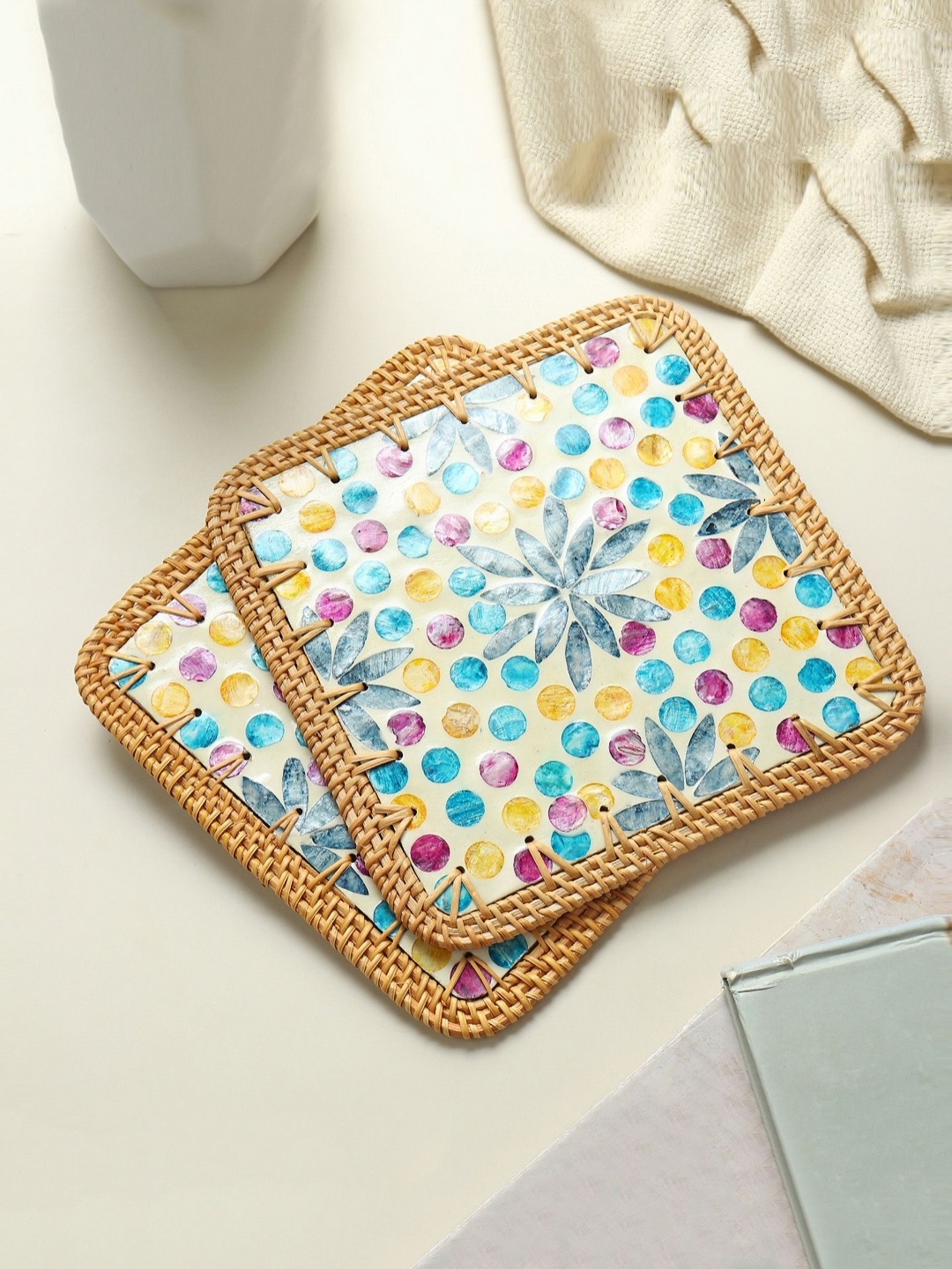 

HABERE INDIA Bohemian 5Pcs Brown & White Textured Square Table Placemats
