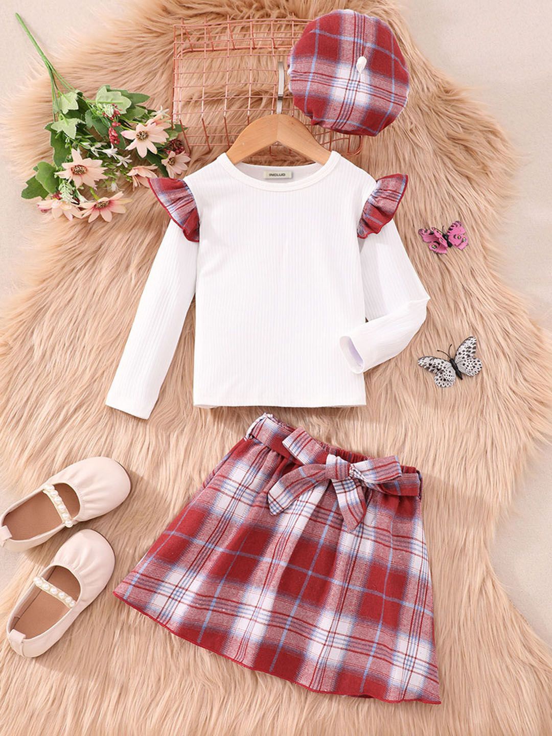 

INCLUD Girls Checked T-shirt with Skirt, Red