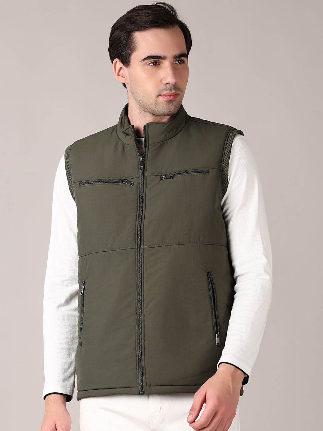 

V-Mart Men Mock Collar Solid Cotton Casual Bomber Jacket, Olive
