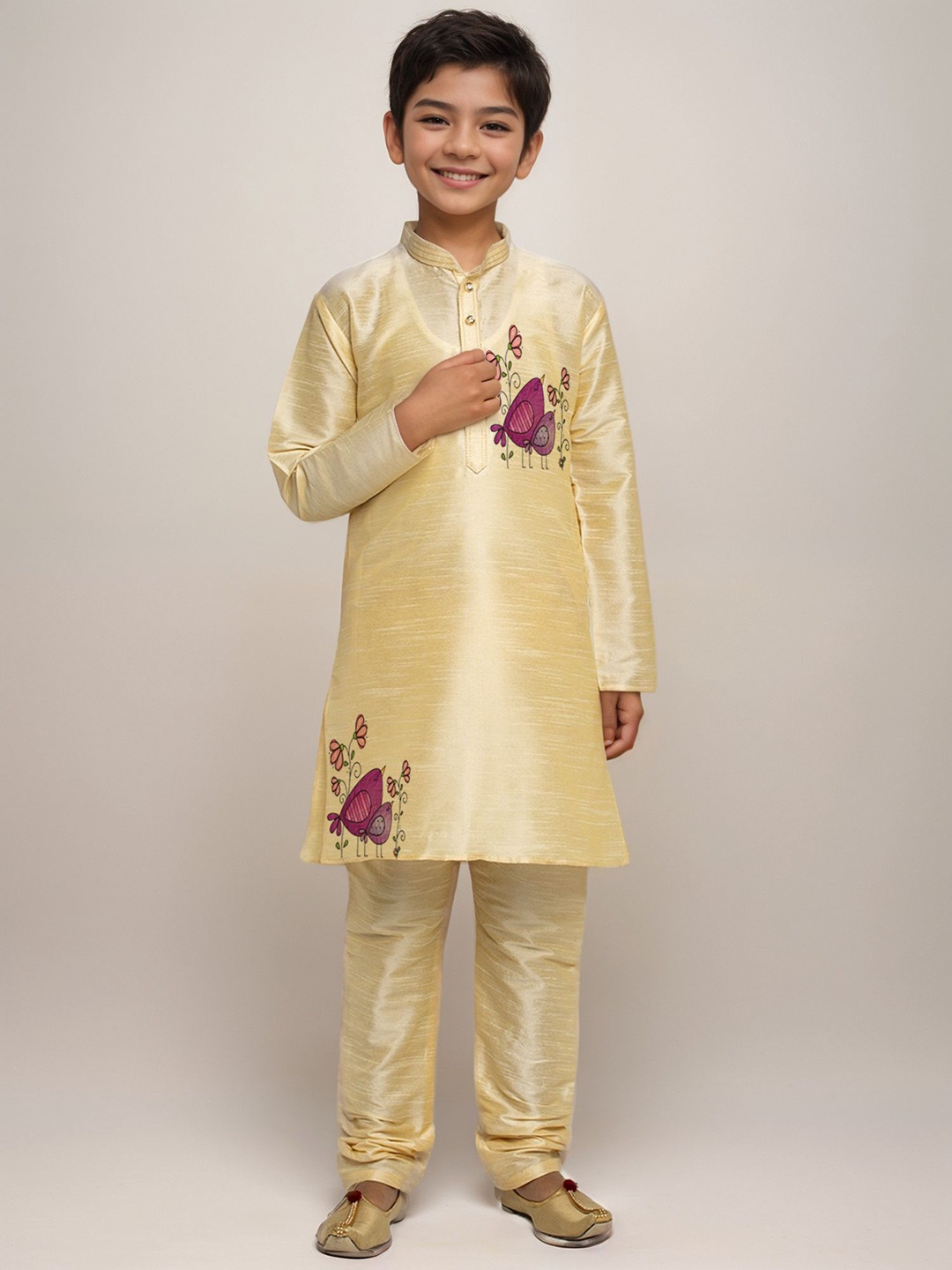 

DEVOILER Boys Floral Printed Mandarin Collar Dupion Silk Straight Kurta, Beige