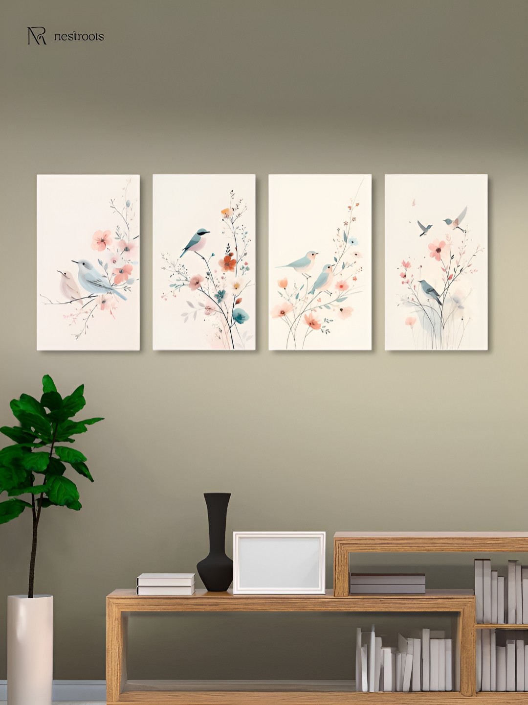 

nestroots Birds on Branch Beige & Blue 4 Pieces Canvas Painting Wall Arts