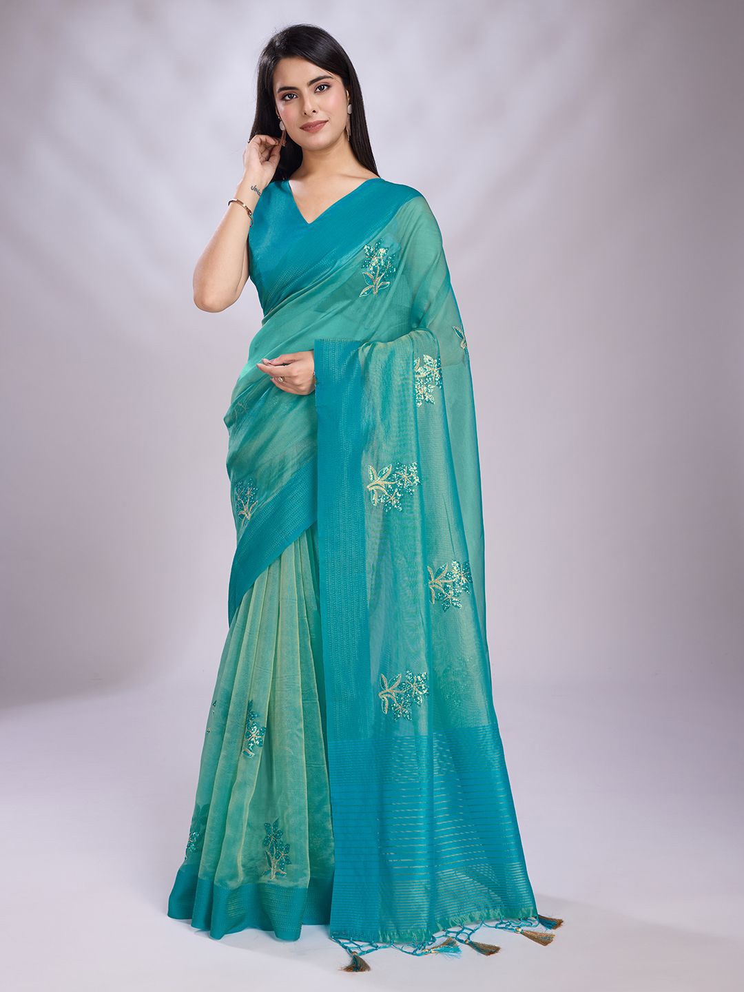 

Mitera Embellished Embroidered Organza Saree, Turquoise blue