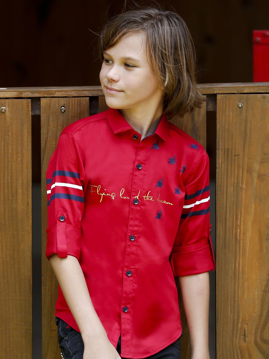 

MashUp Boys Classic Spread Collar Graphic Printed Cotton Casual Shirt, Red