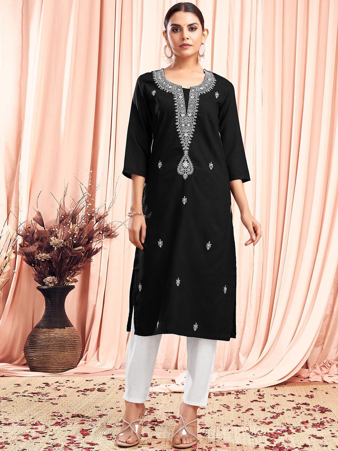 

KALINI Floral Embroidered Thread Work Straight Kurta, Black