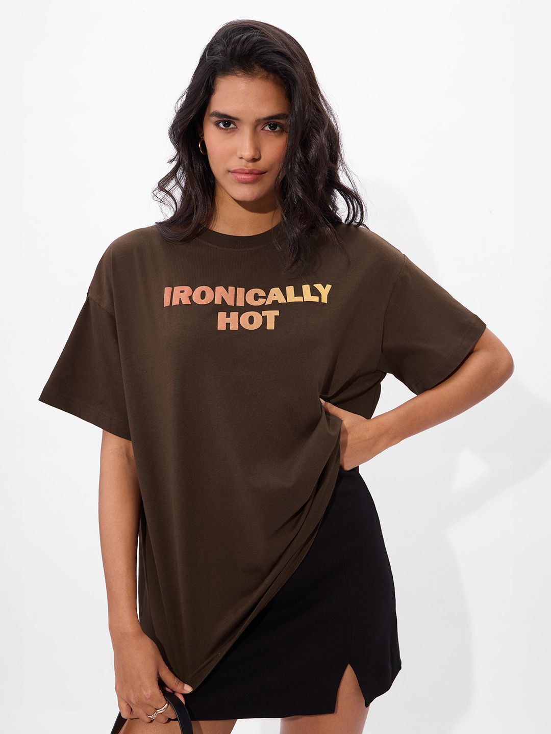 

The Souled Store Women Typography Printed Round Neck Cotton Oversized T-shirt, Brown