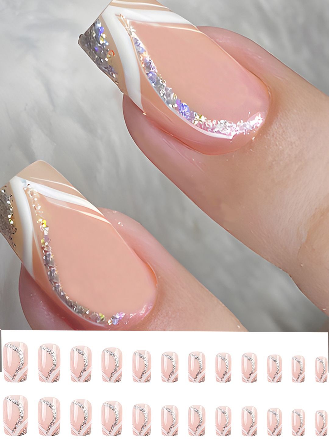 

Secret Lives Set Of 24 Artificial Reusable Glitter Press On Nails - Translucent Skin, Beige