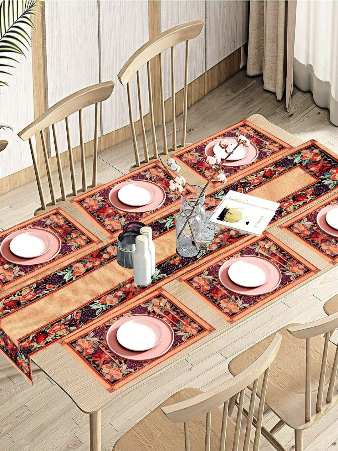 

PRAKARTIK 6-Pcs Brown & Red Cotton Printed Rectangle Table Placemats, Bronze