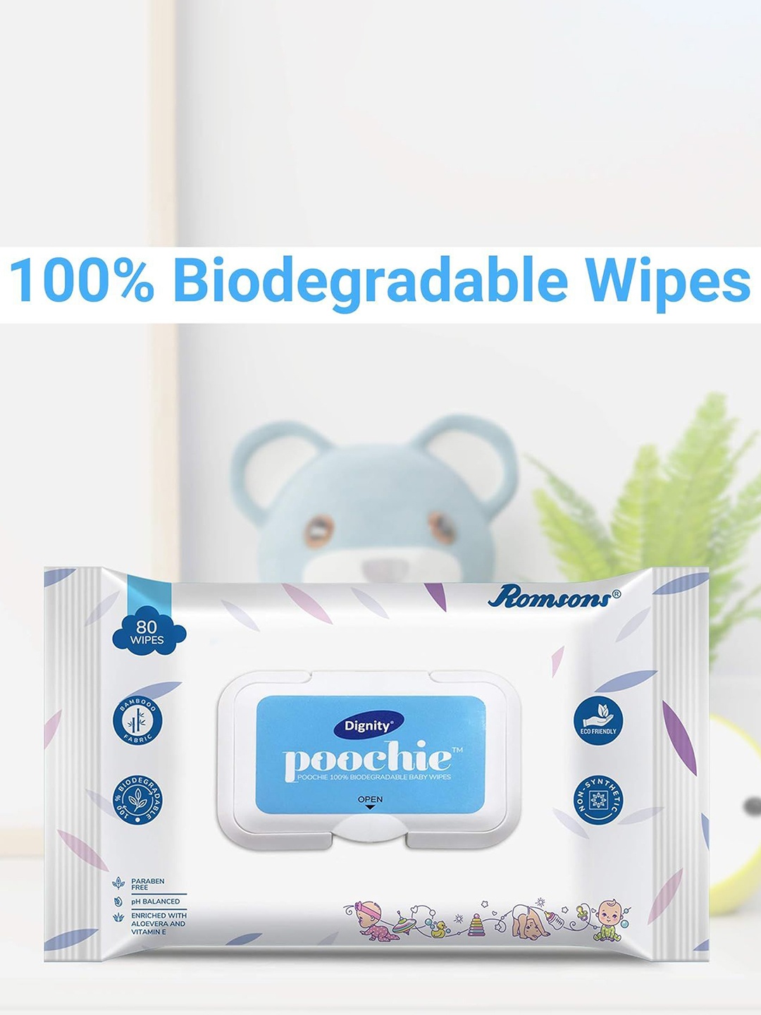 

Romsons Dignity Poochie Set of 12 Baby Wipes With Aloevera - 80 Each, White