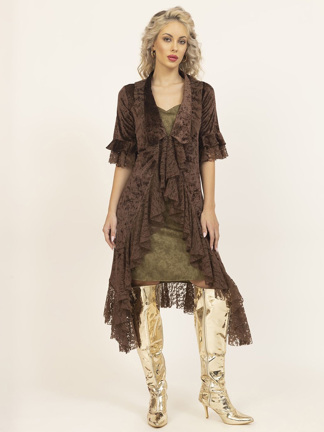 

LELA Self Design Party Longline Shrug, Brown