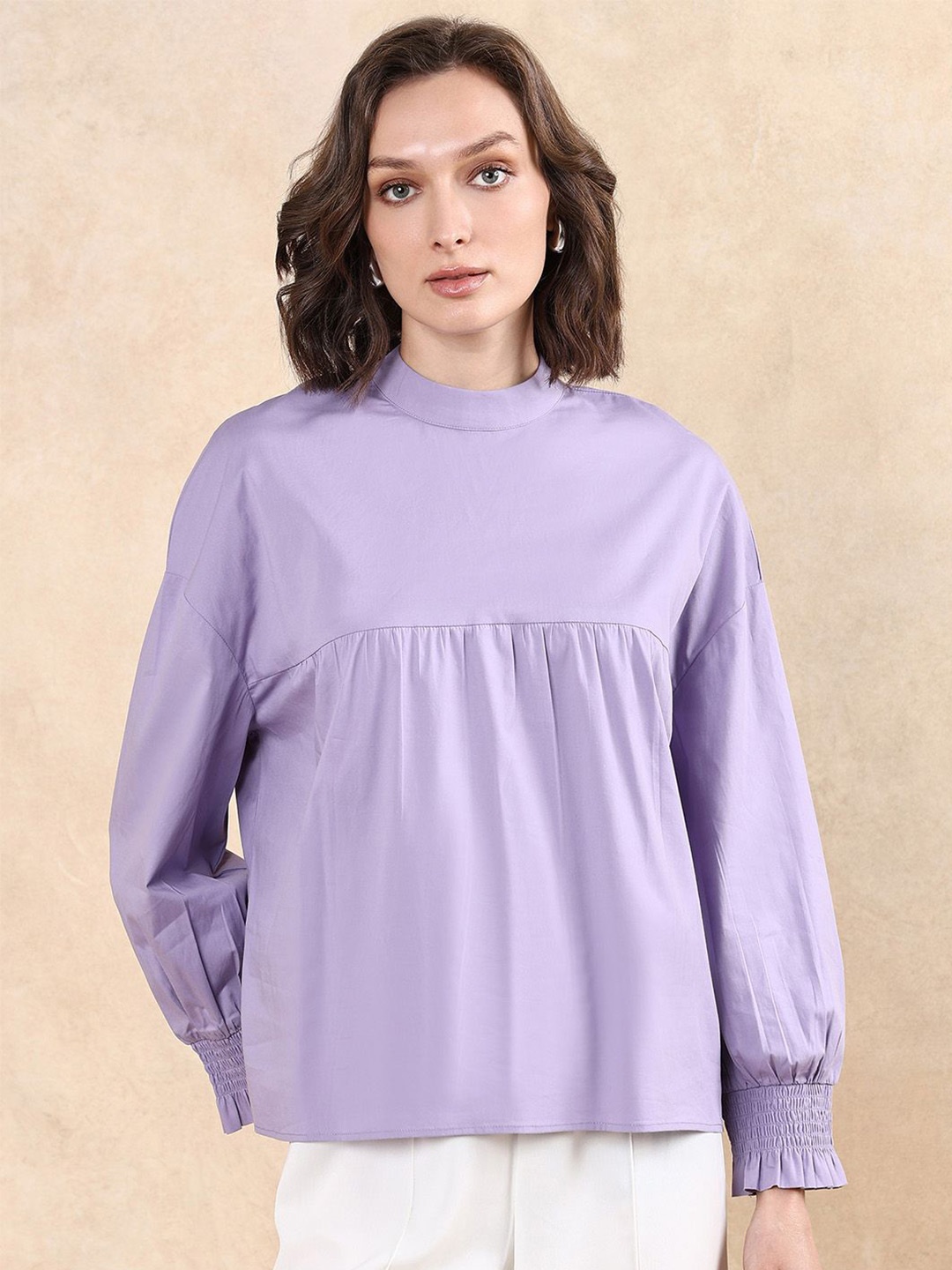 

RAREISM Women Cotton High Neck Cuffed Sleeves Top, Purple