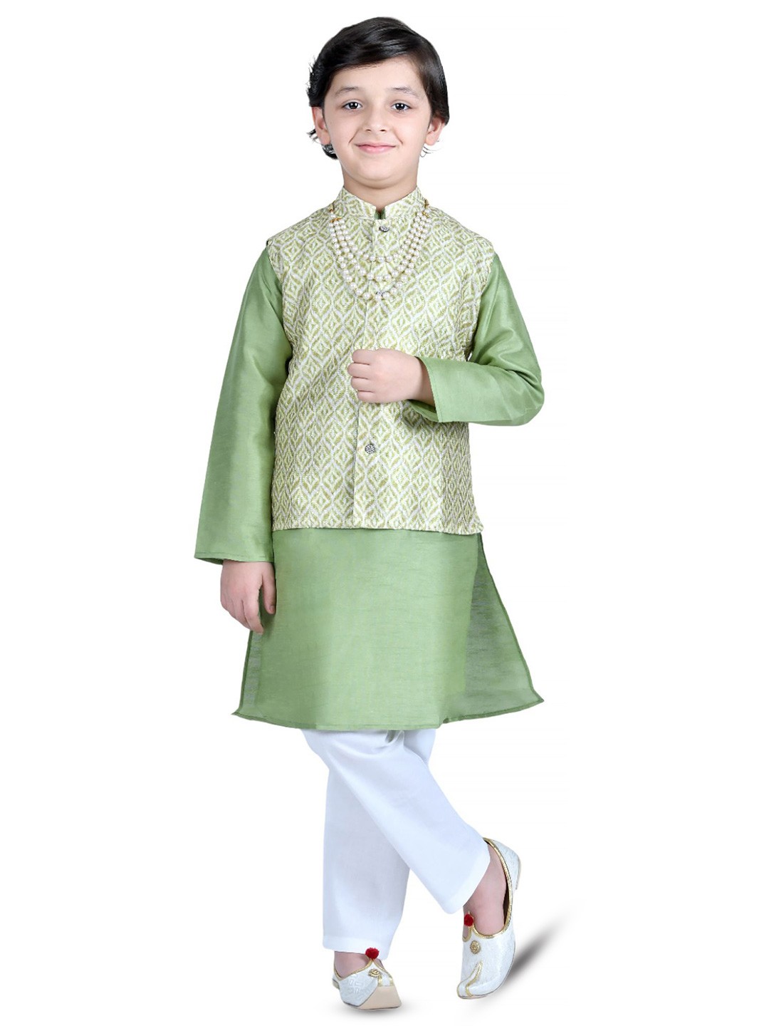 

itsmycostume Mandarin Collar Pure Cotton Kurta With Pyjamas & Printed Nehru Jacket, Olive