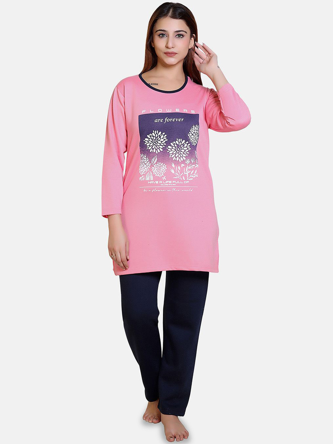 

Divine Girl Women Winter Full Sleeves Printed Night Suit, Pink