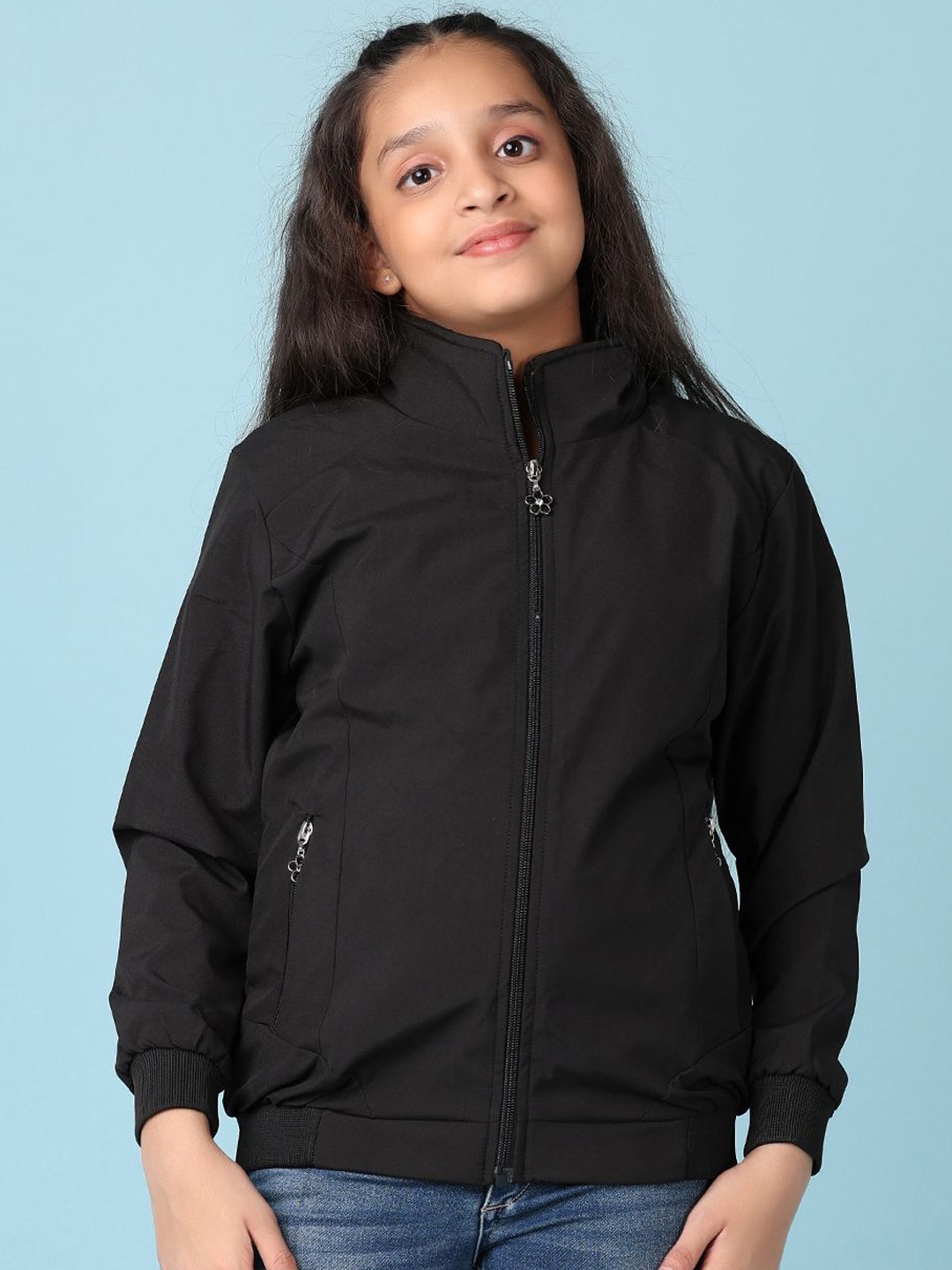 

V-Mart Girls Mock Collar Solid Cotton Casual Bomber Jacket, Black