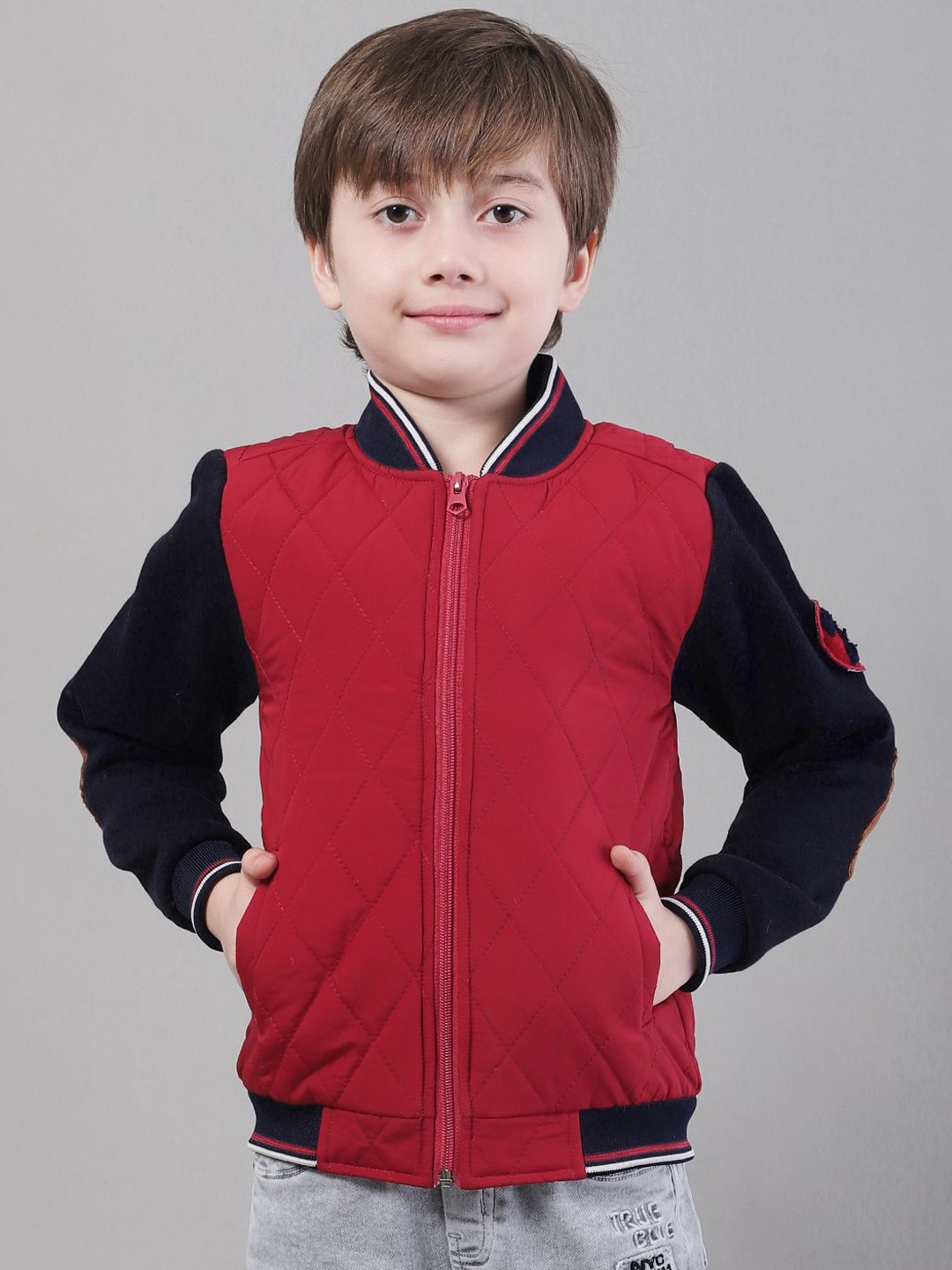 

HOUSE OF VEDAS Boys Stand Collar Washed Solid Casual Quilted Jacket, Red