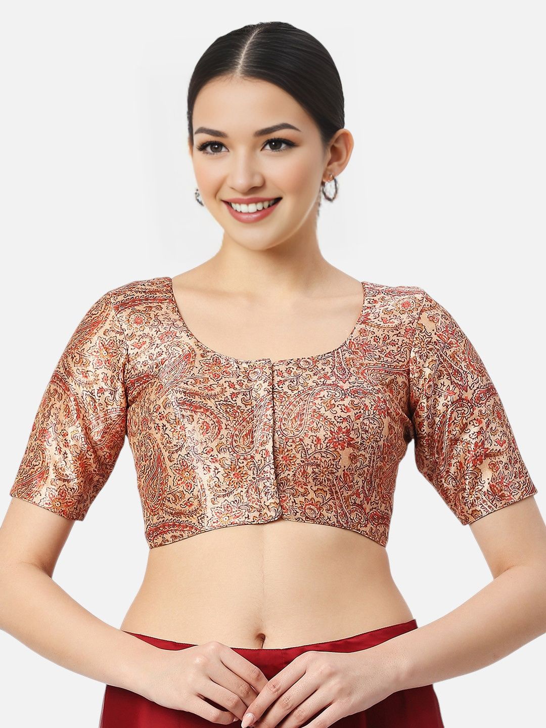 

Biyu Printed Short Sleeves Round Neck Saree Blouse, Beige