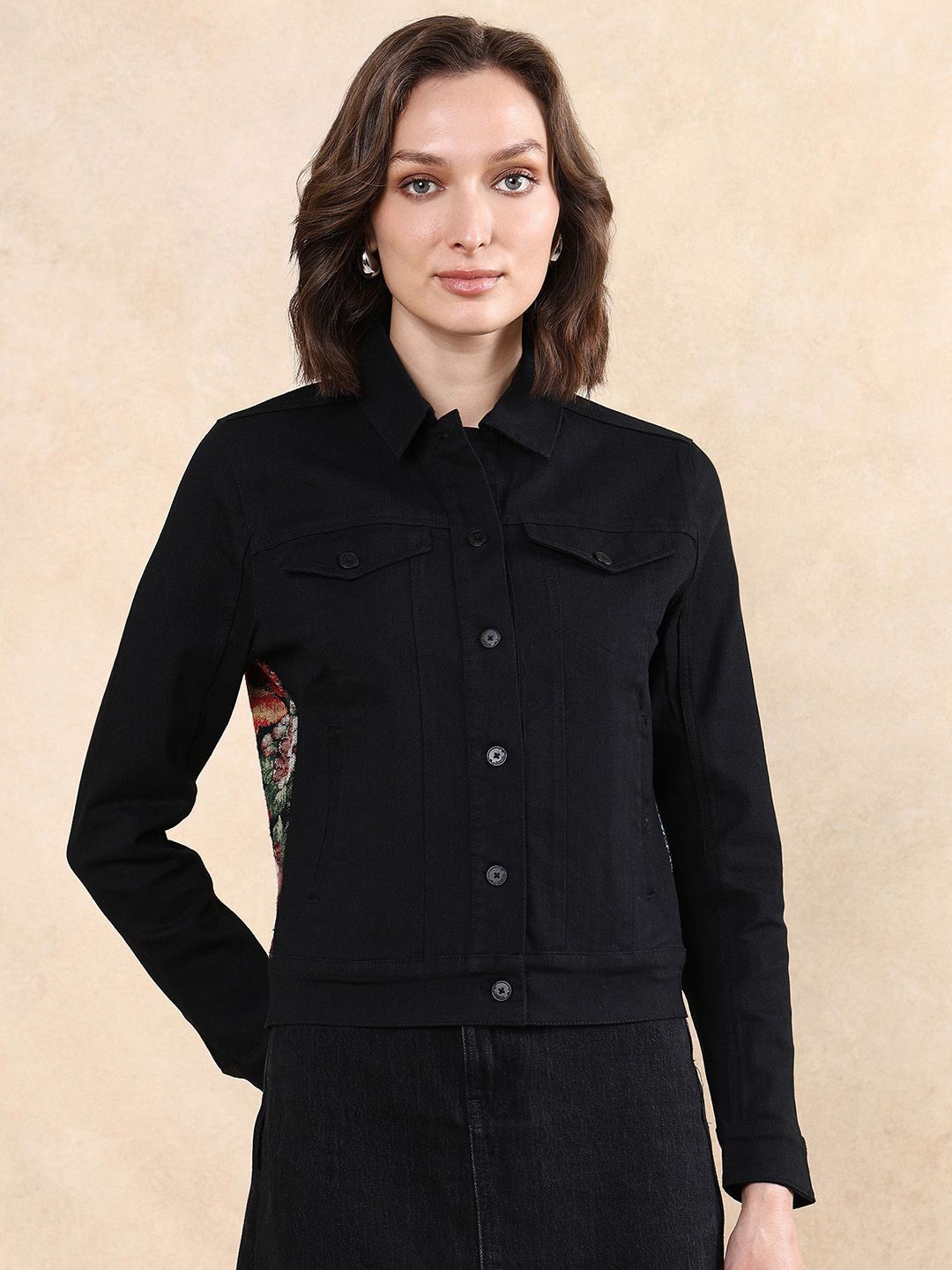 

RAREISM Women Spread Collar Floral Printed Cotton Casual Tailored Jacket, Black