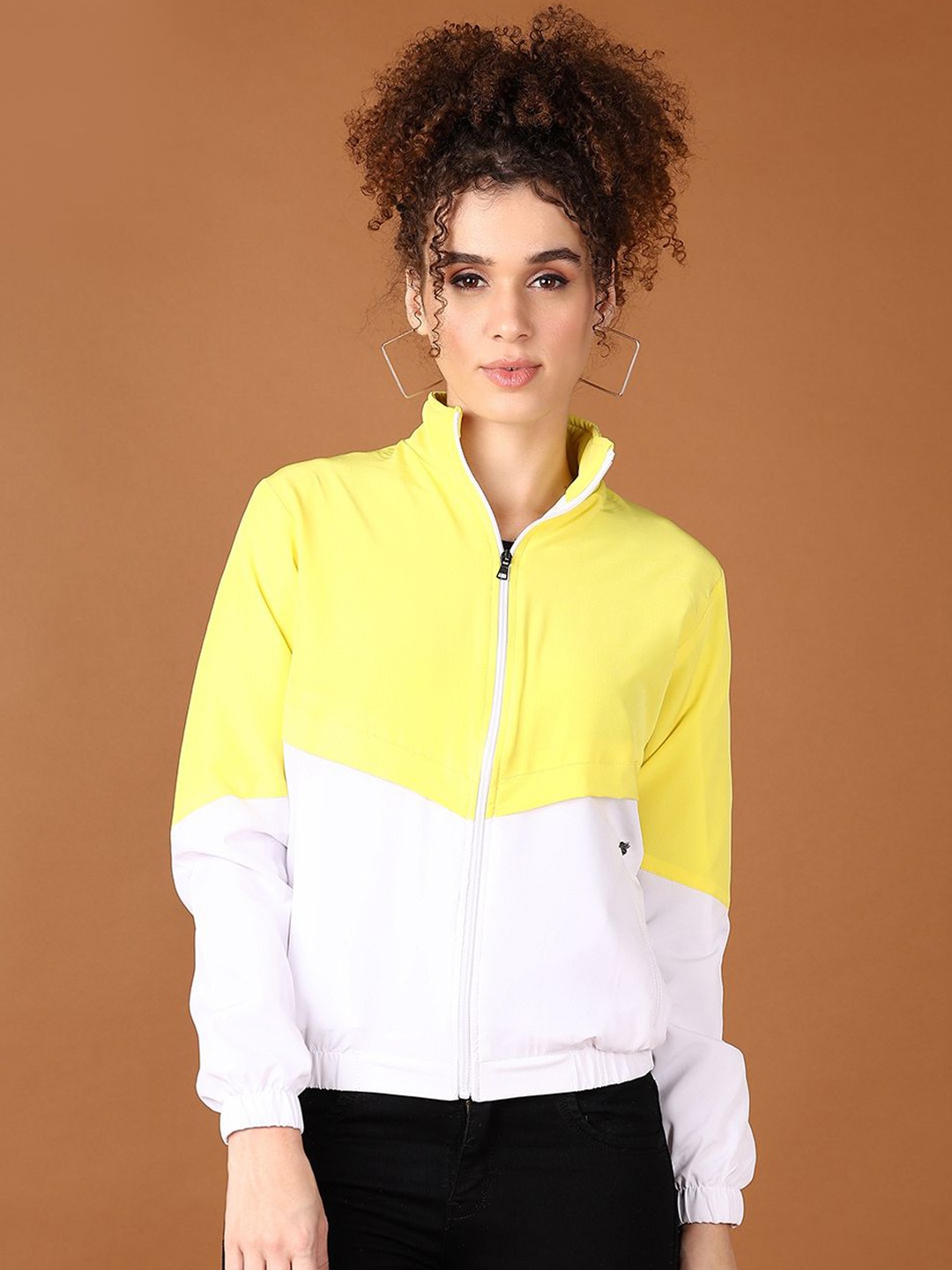 

V-Mart Women Mock Collar Colourblocked Cotton Casual Bomber Jacket, Yellow