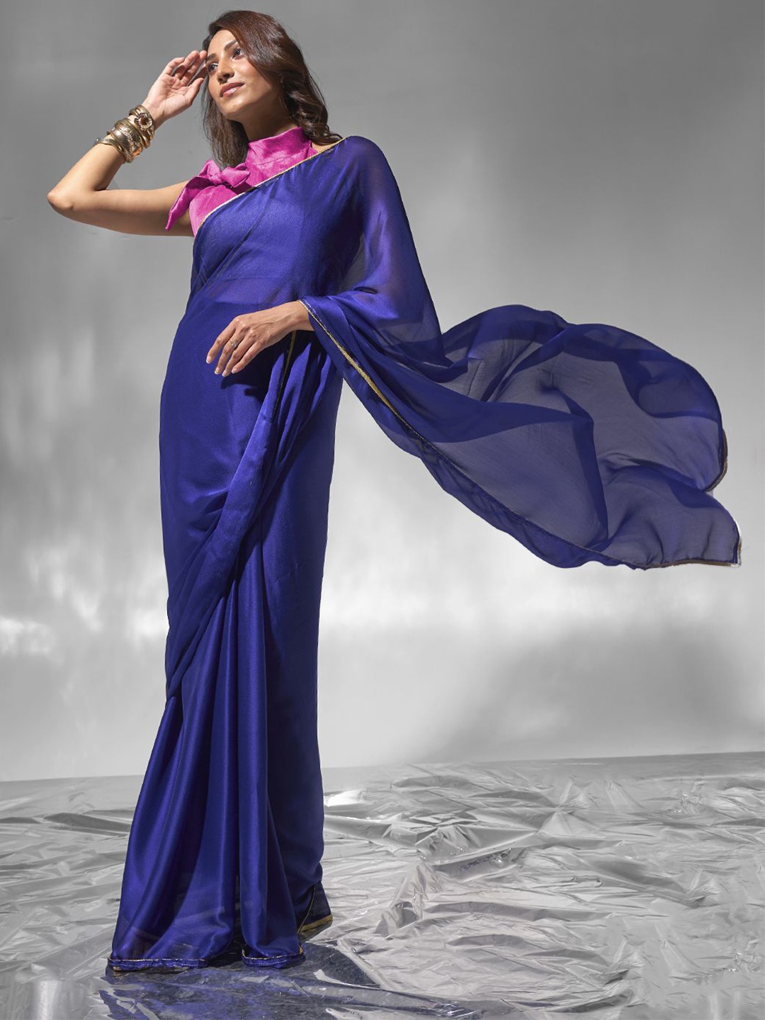

Kalista Pure Chiffon Ready to Wear Saree, Navy blue
