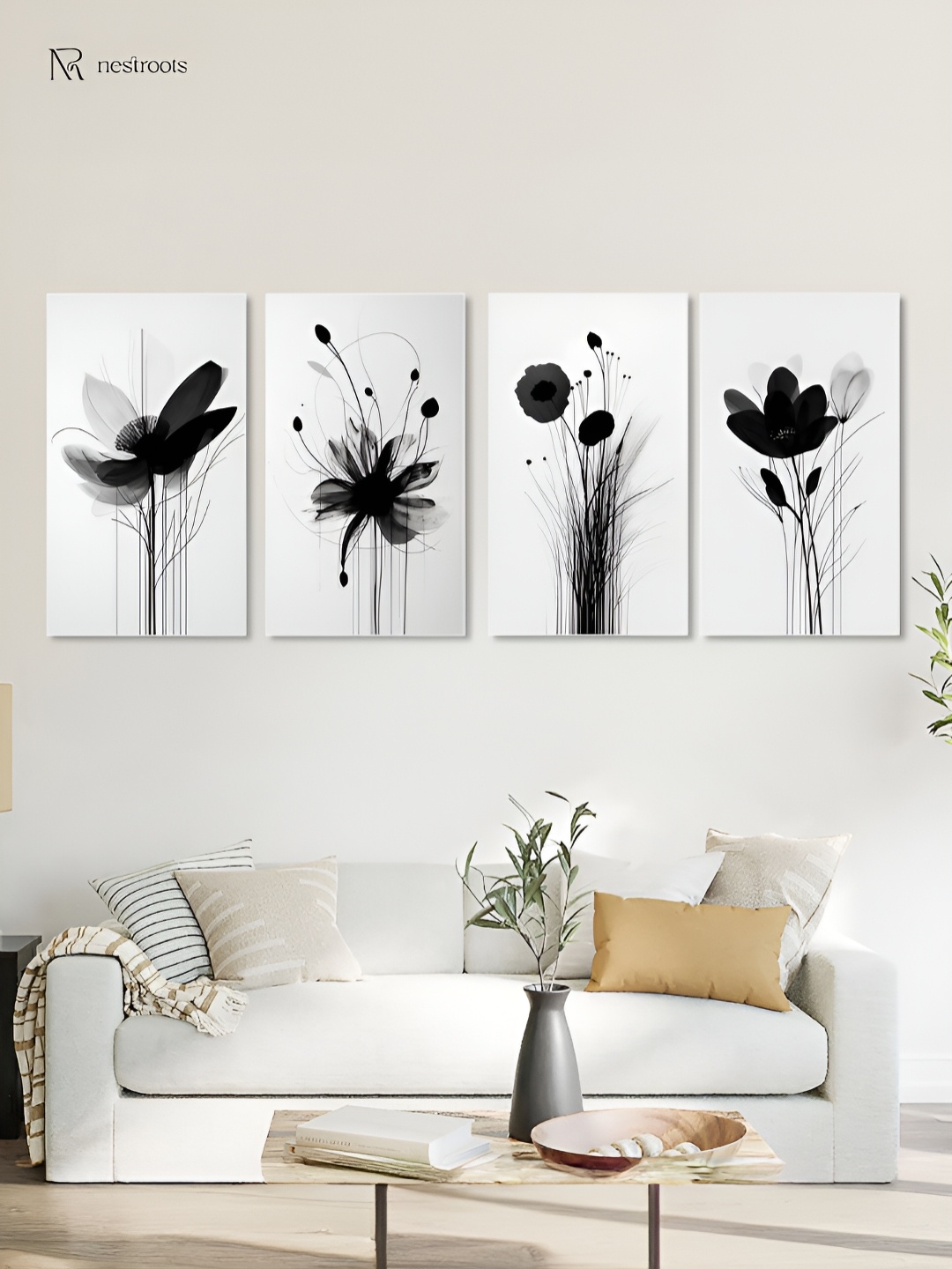 

nestroots Monochrome Floral Elegance White 4 Pieces Paintings Canvas Wall Art