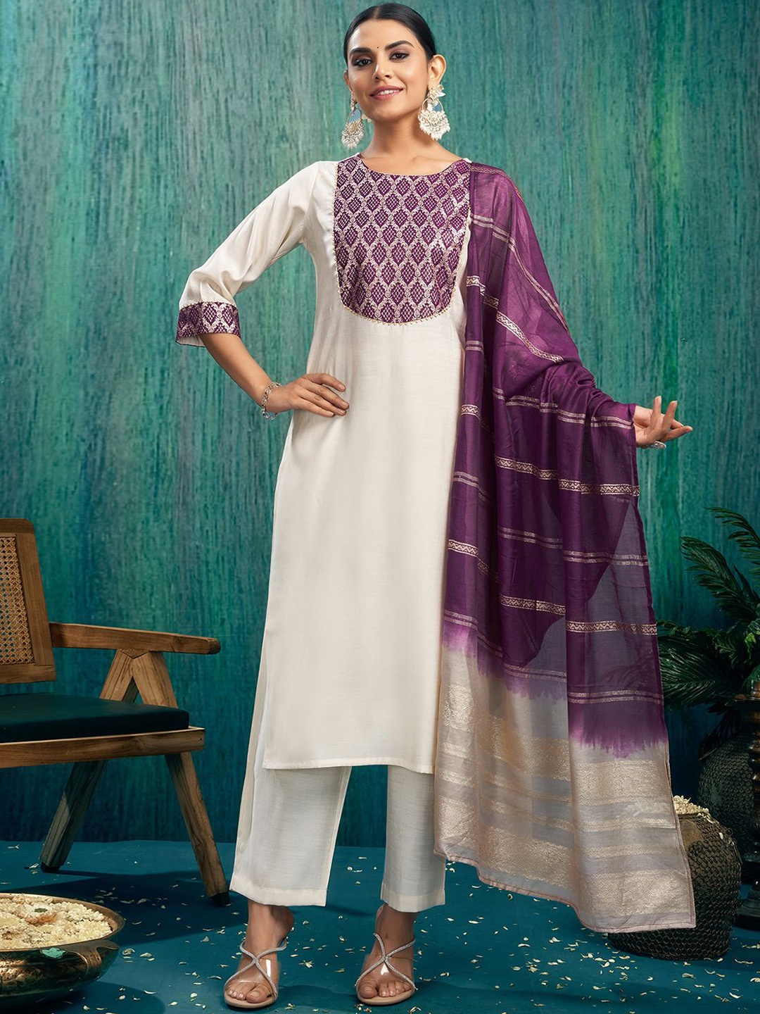 

SKYLEE Magenta Yoke Design Gotta PattiStraight Kurta With Trousers & Dupatta, Off white