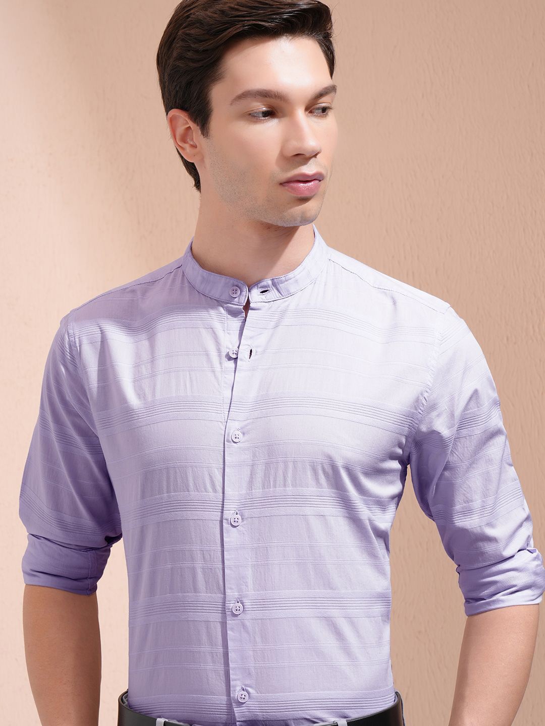 

Highlander Men Dobby Textured Striped Mandarin Collar Casual Shirt, Lavender