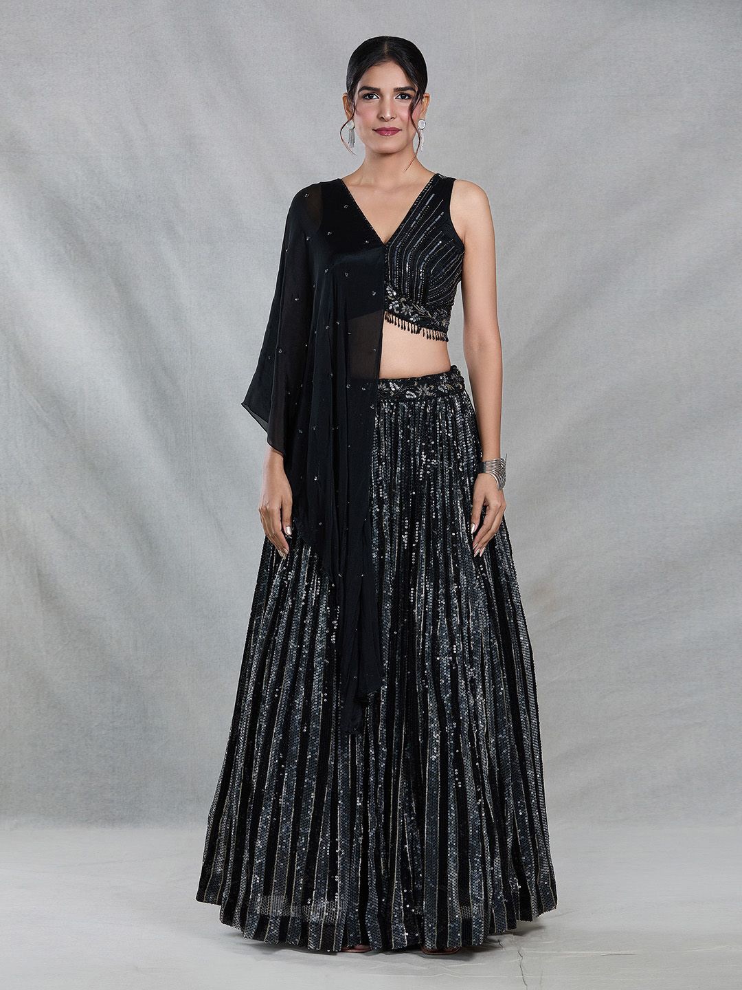 

Samyukta Singhania Embellished Sequinned Ready to Wear Lehenga & Blouse With Dupatta, Black