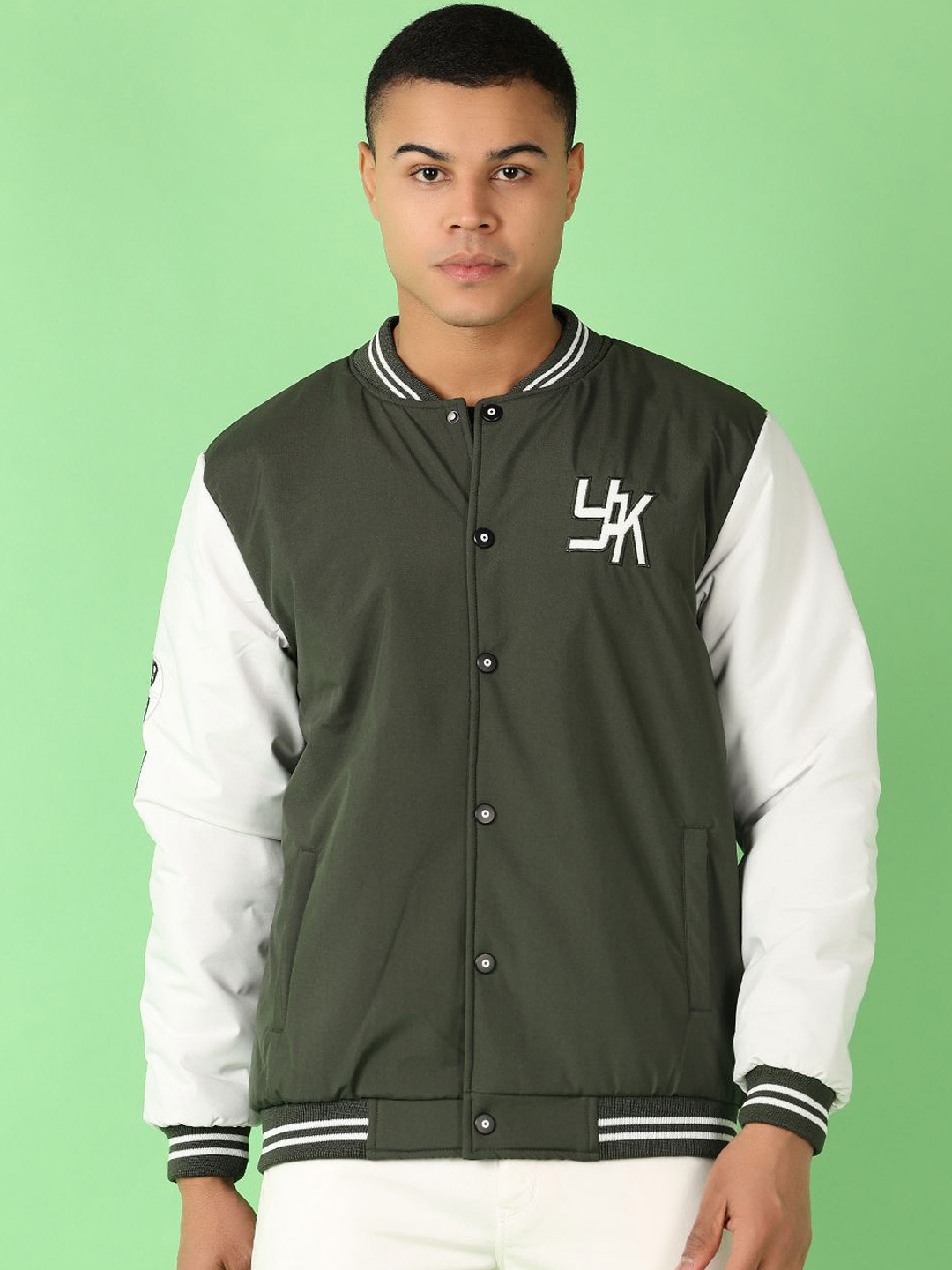 

V-Mart Men Stand Collar Typography Printed Cotton Casual Varsity Jacket, Olive