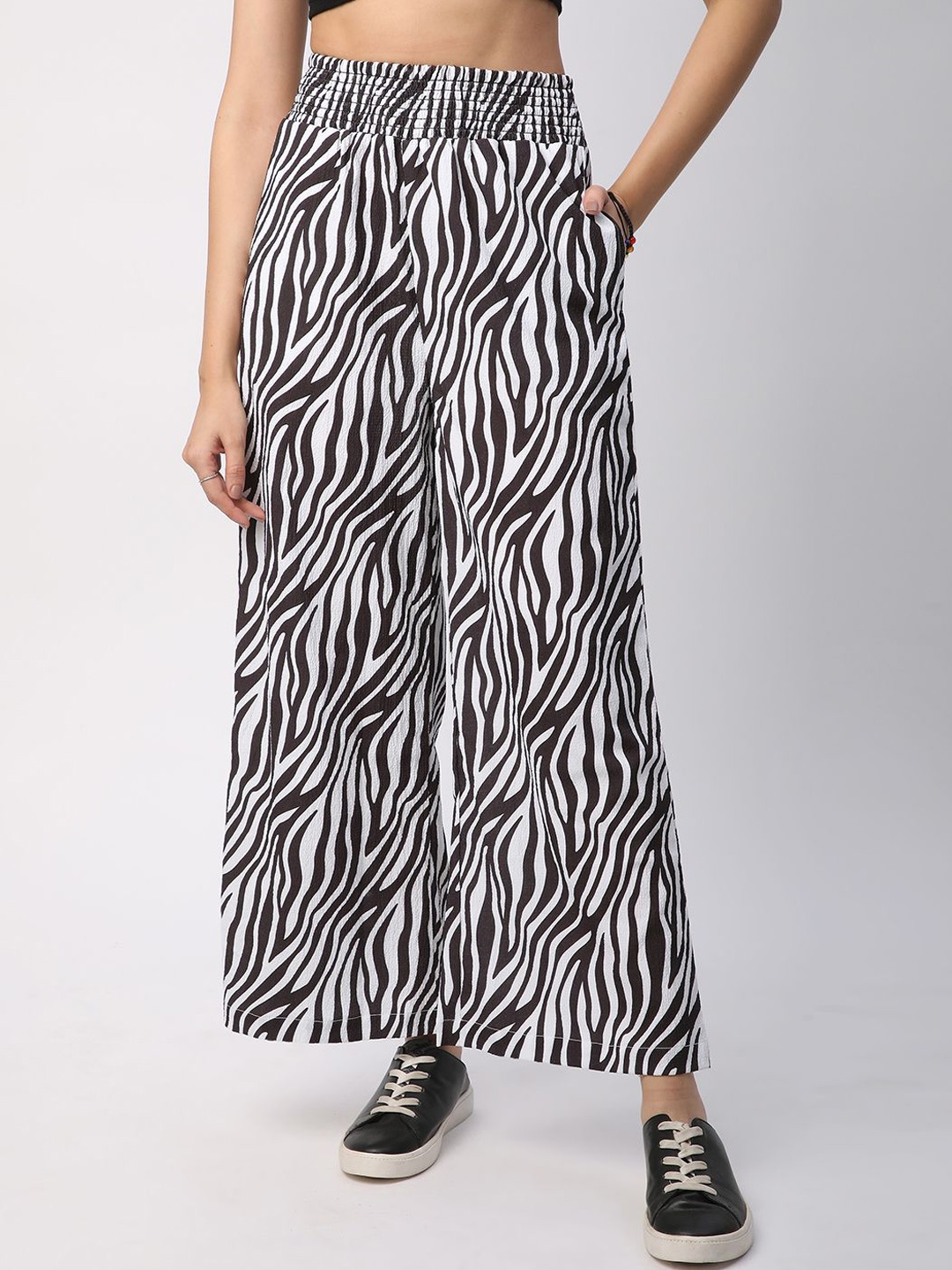 

Mystere Paris Women Printed Wide Leg Palazzos, Black