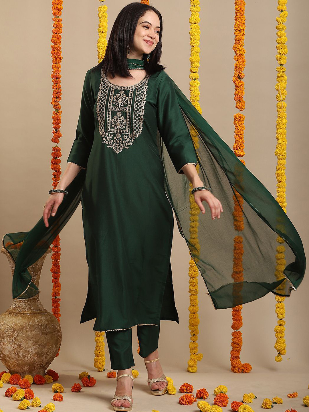 

KALINI Floral Embroidered Straight Kurta with Trousers & Dupatta, Green