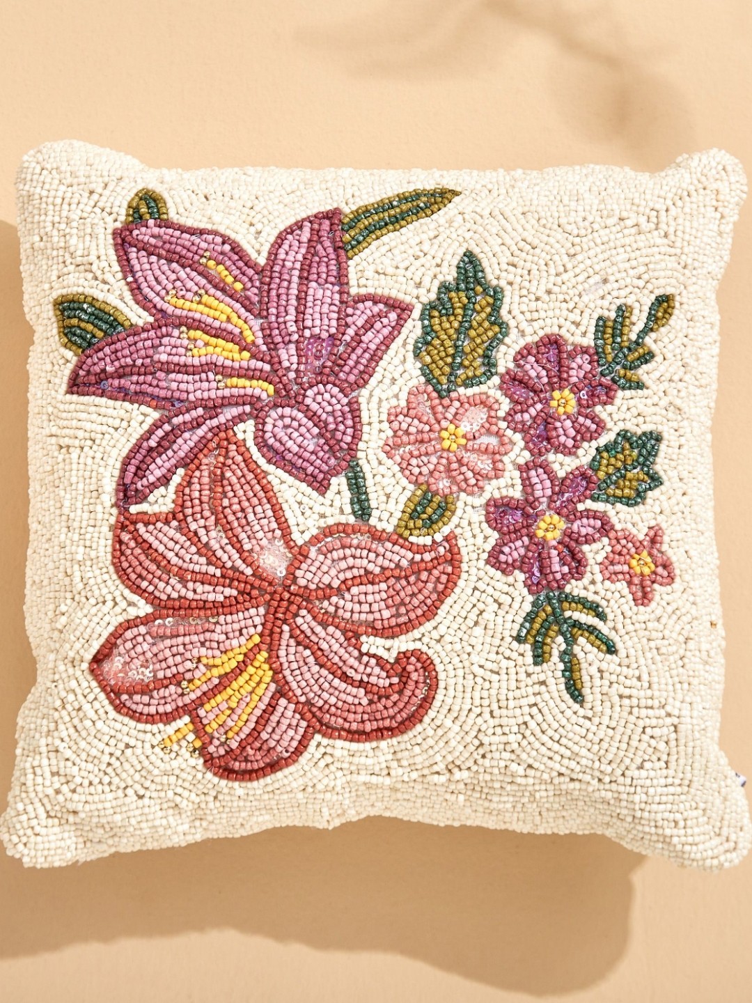 

Home Centre White & Pink Floral Beaded Square Pre-Filled Cushion