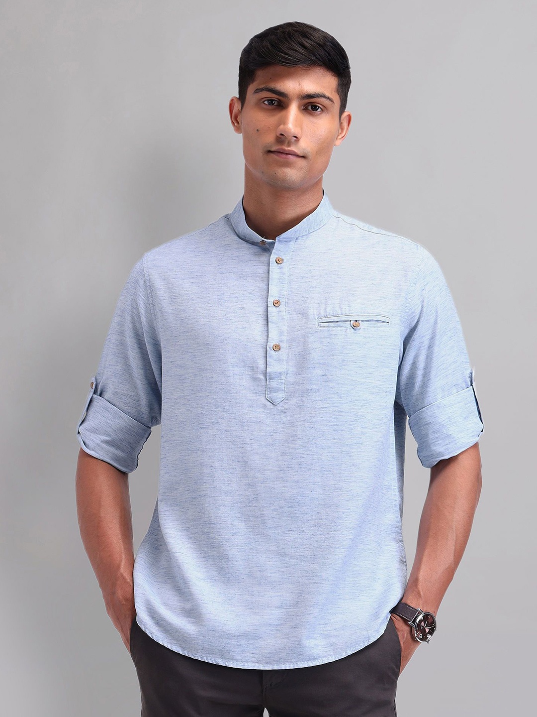 

AD By Arvind Men Band Collar Solid Cotton Slim Fit Casual Shirt, Blue