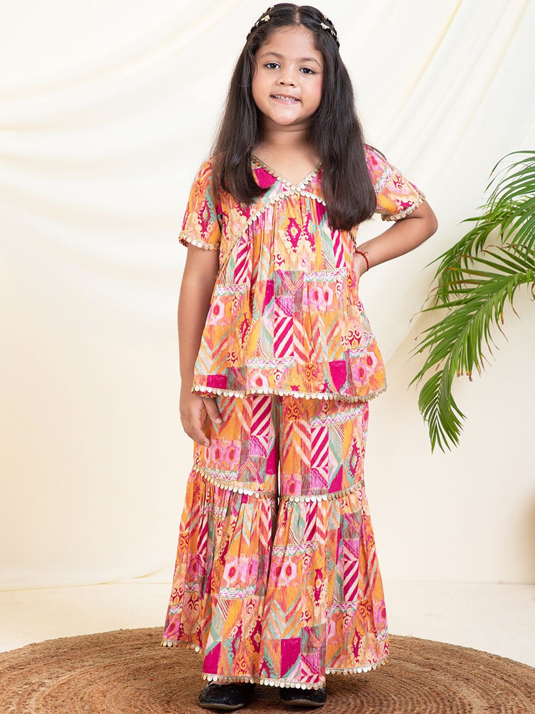 

Bugandbees Girls Printed Top With Sharara, Orange