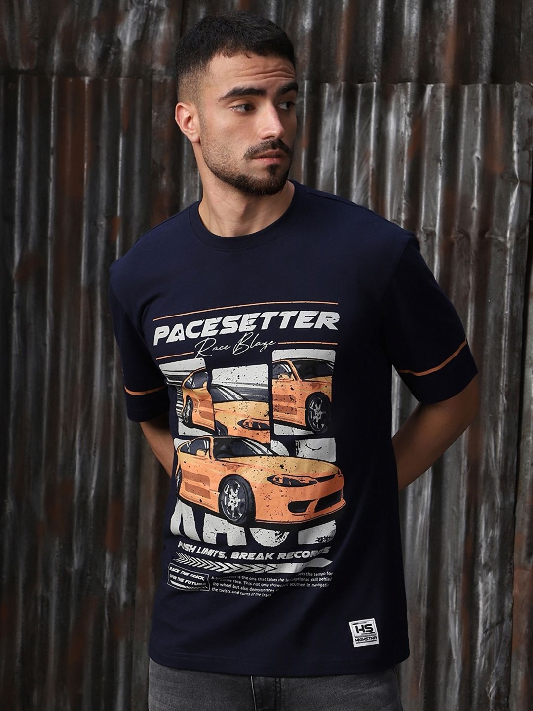 

High Star Men Moto Racer Graphic Printed relaxed fit T-shirt, Navy blue