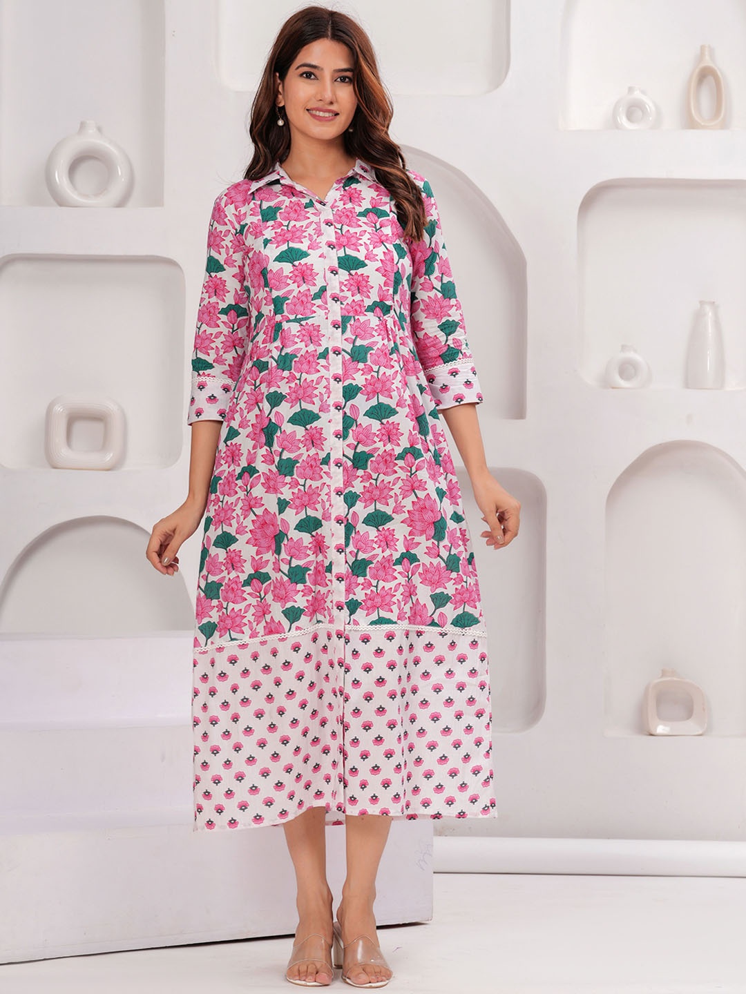 

Meeranshi Printed A-Line Cotton Maxi Maternity & Feeding Ethnic Dress, White