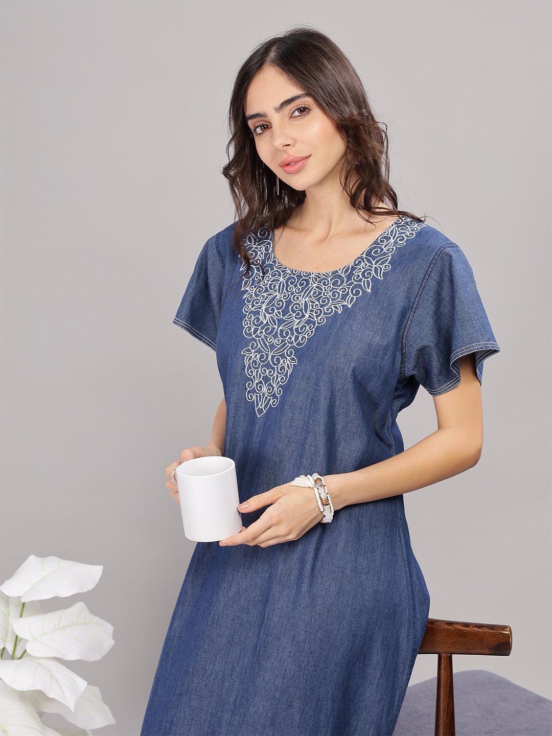 

9shines Label Embroidered Pure Cotton Maxi Nightdress, Blue