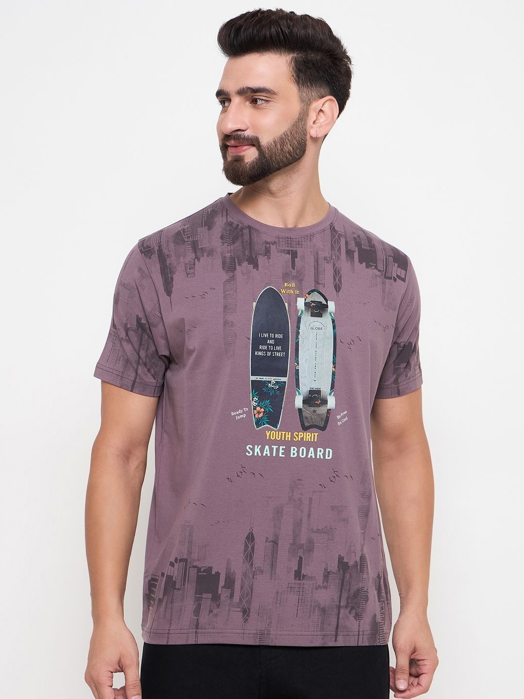 

Duke Men Abstract Printed Round Neck Cotton Slim Fit T-shirt, Purple
