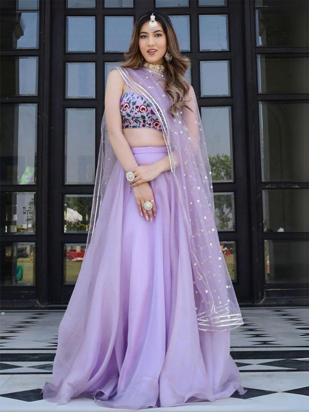 

ODETTE Embroidered Organza Semi-Stitched Lehenga & Unstitched Blouse With Dupatta, Lavender