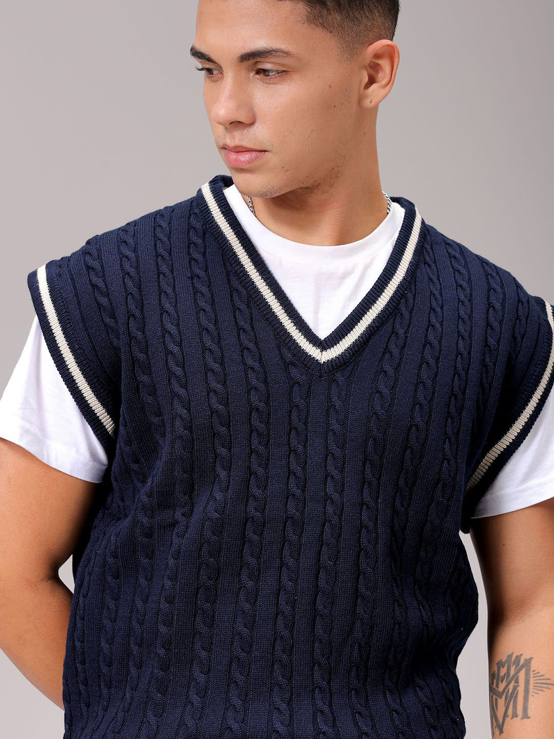 

The Indian Garage Co Men Cable Knit Winter Sweater Vest, Navy blue