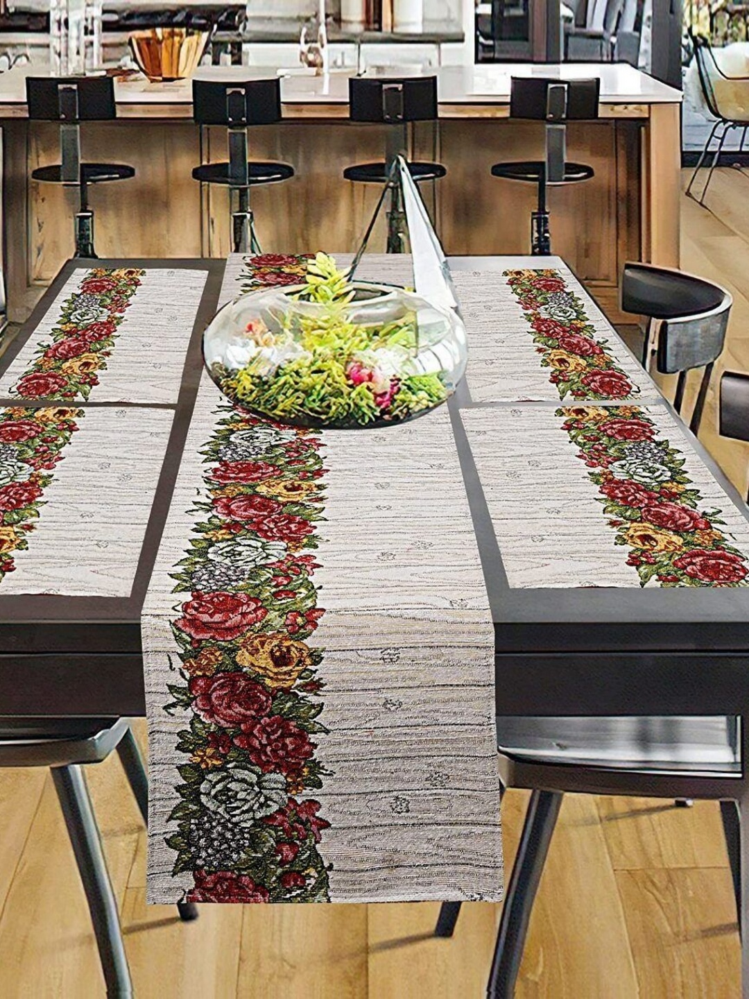 

PRAKARTIK 4-Pcs Yellow & Red Cotton Floral Printed Rectangle Table Placemats
