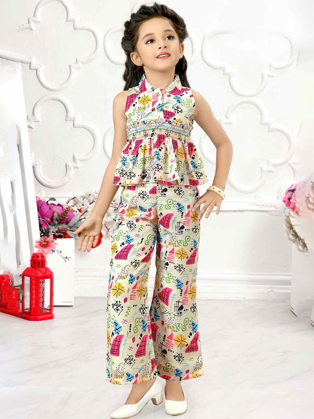 

Lagorii Girls Printed Shirt Collar Sleeveless Top With Palazzos, Cream