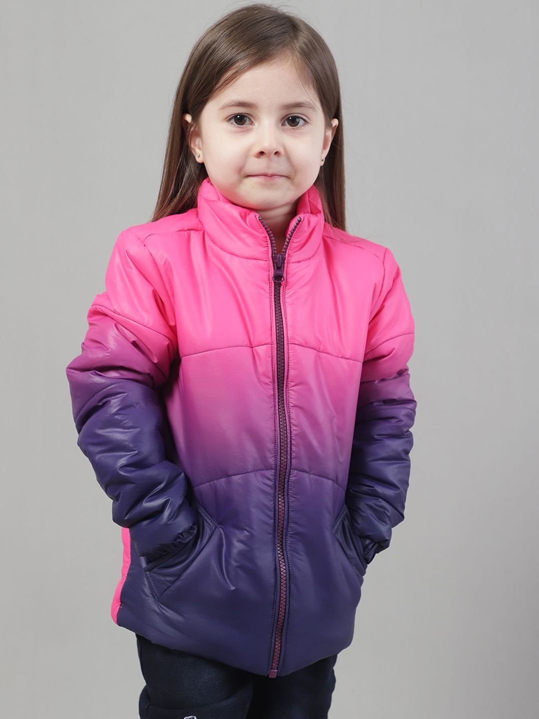 

HOUSE OF VEDAS Girls Mock Collar Ombre Printed Casual Padded Jacket, Pink