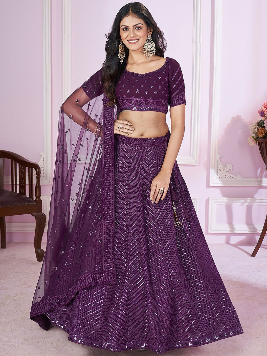 

ODETTE Embellished Sequinned Semi-Stitched Lehenga & Unstitched Blouse With Dupatta, Purple