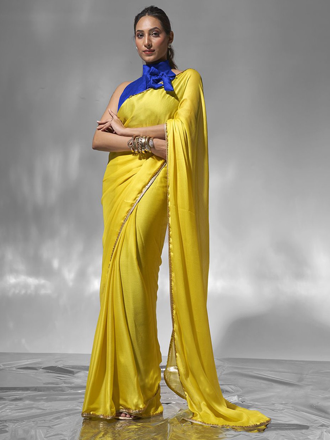 

Kalista Sequinned Pure Chiffon Ready to Wear Saree with Blouse Piece, Yellow