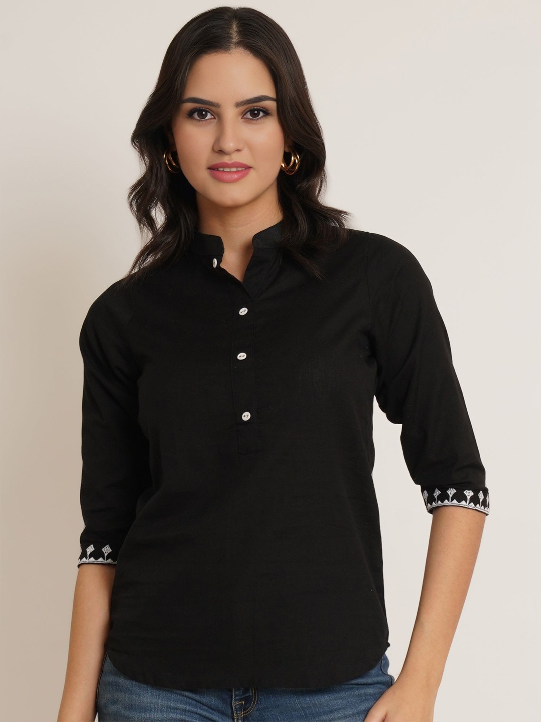 

Brownverse Women Mandarin Collar Cotton Top, Black