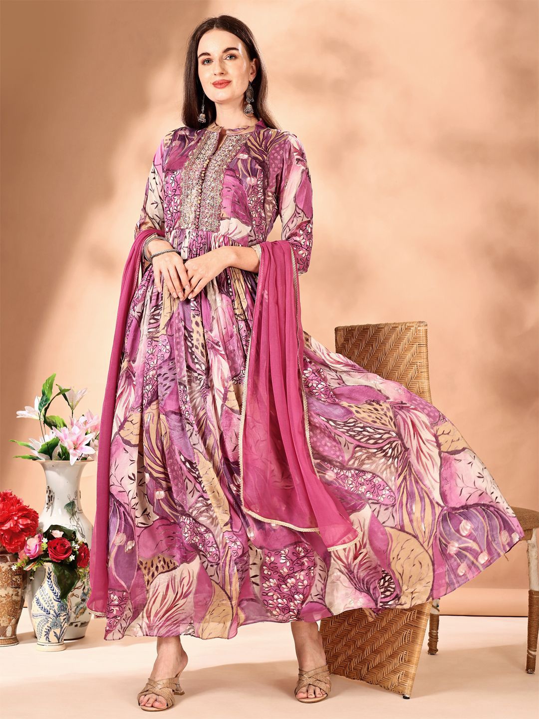 

KUNDAN FAB Floral Printed Ethnic Maxi Dress With Dupatta, Pink